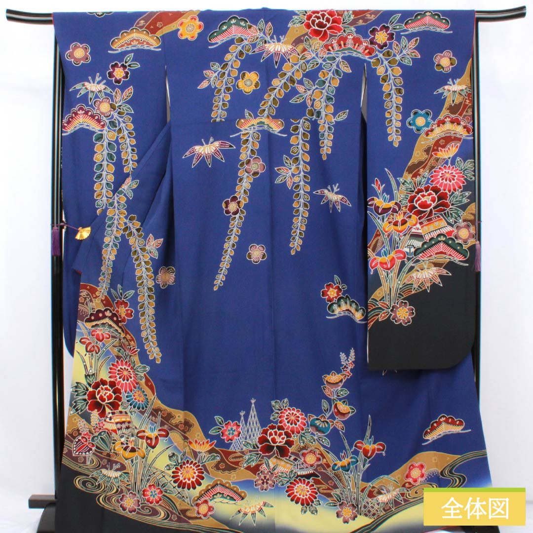 Kimono (Furisode) - Silk - Rank A - Length 170.5cm - Sleeve to neck 67cm - Lined - Bluish purple - Kyo-Bingata - Auspicious patterns - Pine, bamboo, plum blossoms, peonies, wisteria - Blue family - 1113002683617