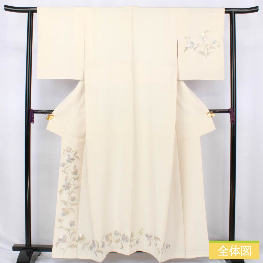 訪問着 正絹 Aランク 袷 身丈158cm 裄丈60cm かざり錦 佐賀錦 小島敏男 通し裏 付下げ 草花模様 クリーム系 1112006803315