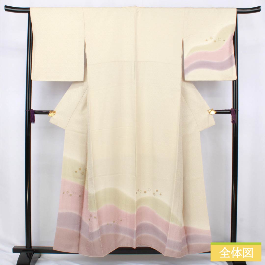 訪問着 正絹 Sランク 袷 身丈158cm 裄丈66cm 生成り色（きなりいろ） 付下げ 京友禅 雪輪 白系 1112006782311