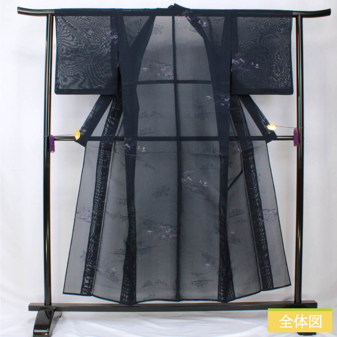 夏物 ポリエステル 小紋 身丈153.5cm 裄丈61.5cm 風景模様 洗える着物 紗 Aランク 紺系 1132002363218