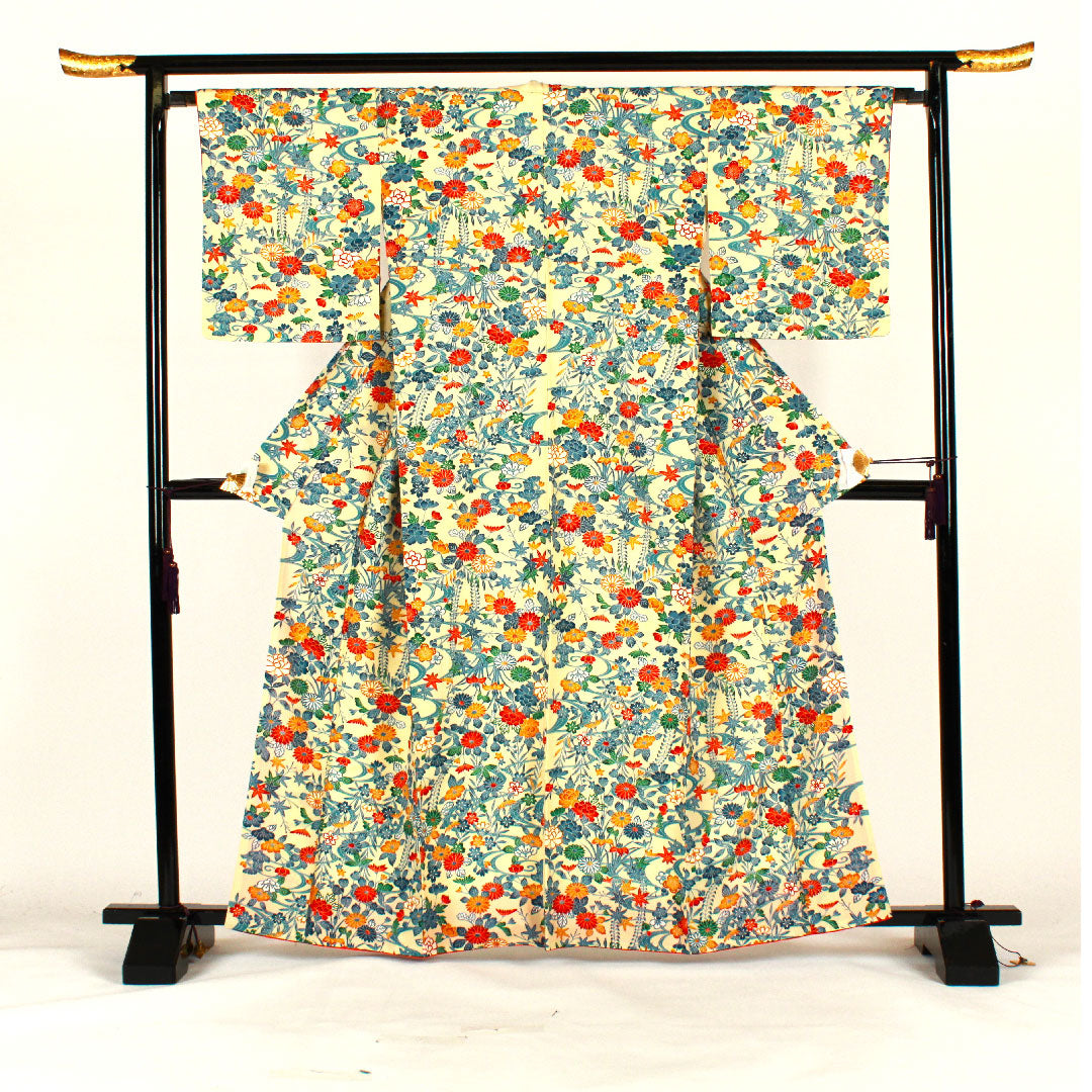 小紋 身丈163cm 裄丈66cm 袷  草花模様  ポリ Aランク クリーム系 1115001663415