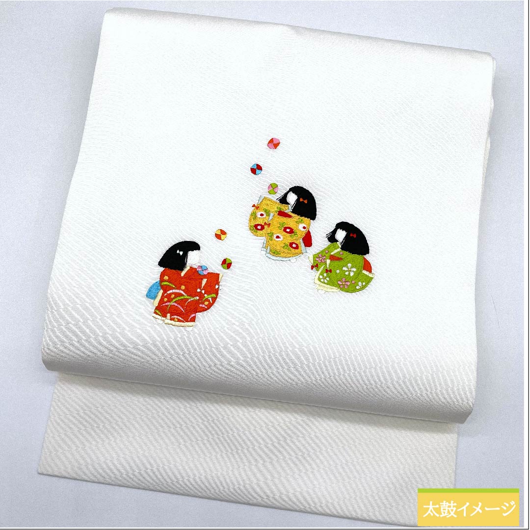 名古屋帯 白色 童子 毬 刺繍 塩瀬 帯丈372cm 正絹 Aランク ポイント柄 カジュアル 白系 1124006003311  名古屋仕立て