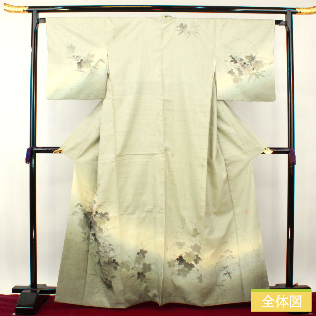 訪問着 正絹 袷 身丈164.5cm 裄丈66.5cm 紬地 作家物 墨描き 草花模様 Aランク 緑系 1112004053419