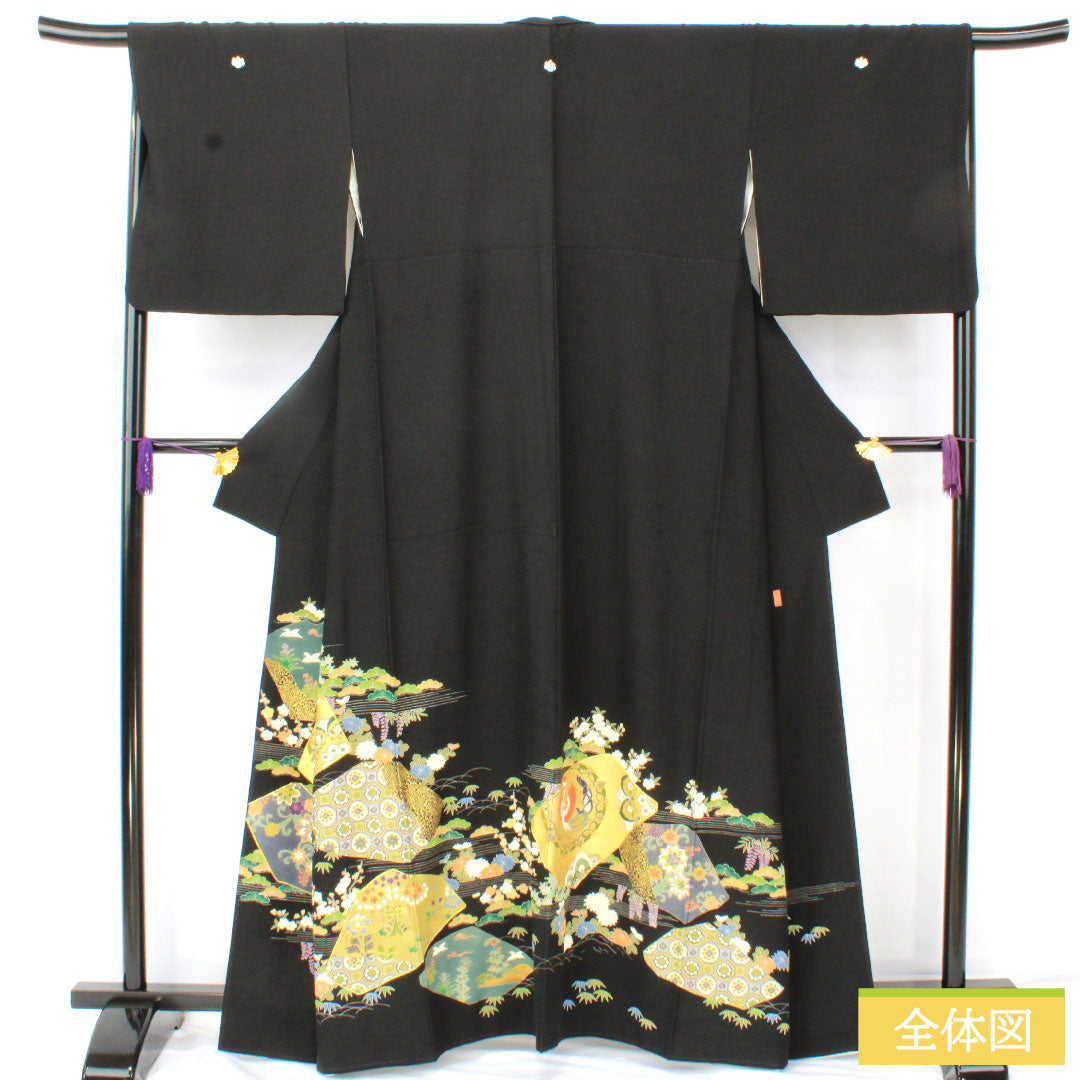 Black formal kimono, pure silk, length 162cm, sleeve length 68cm, lined, Kyoto yuzen, split pattern, phoenix, five crests, five-three paulownia, A rank, black, 1111001733410