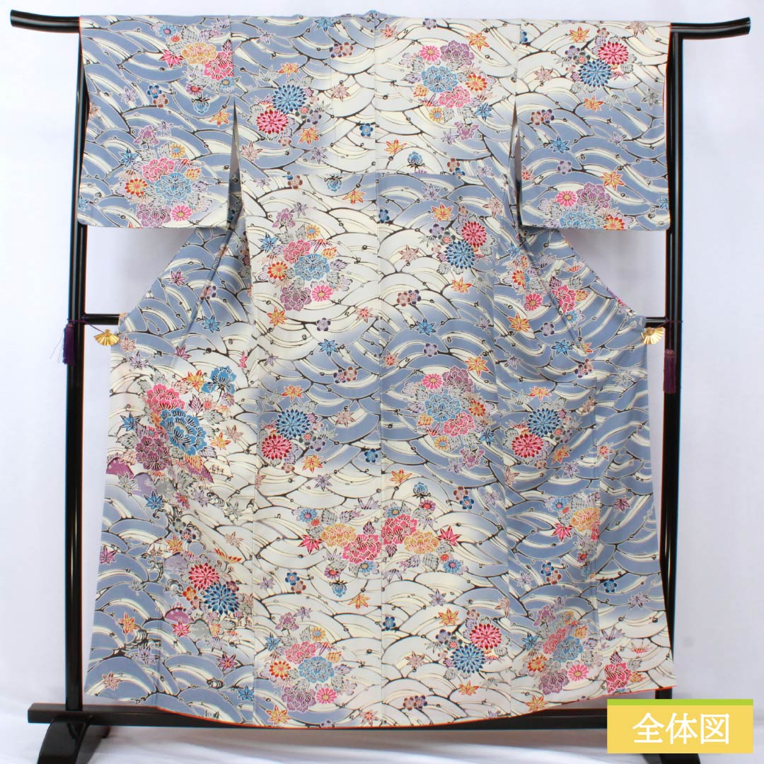 訪問着 正絹 Aランク 袷 身丈158cm 裄丈65cm 紺藤色（こんふじいろ） 京紅型 花 しつけ糸付き 青系 1112007023317