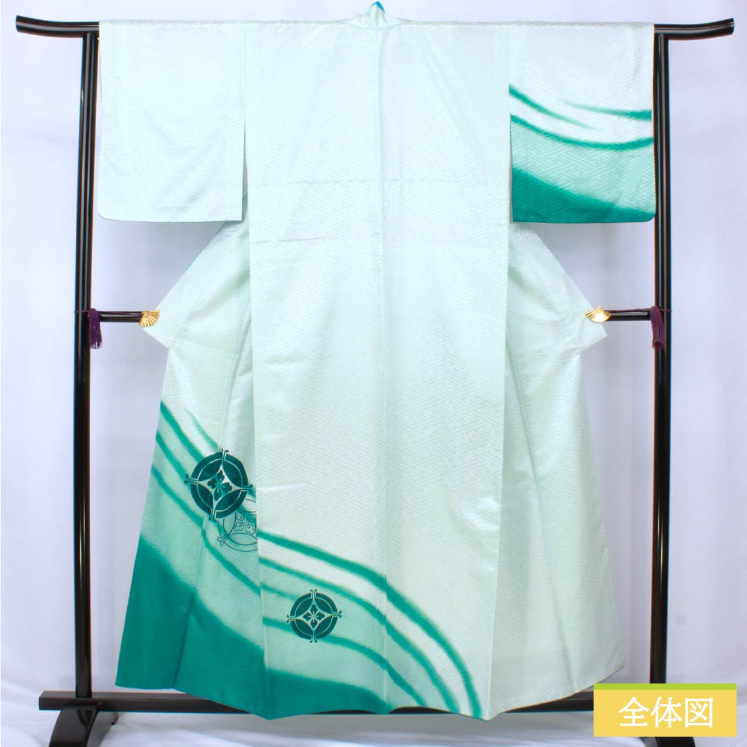 訪問着 ポリエステル Aランク 胴抜き 身丈156cm 裄丈64cm 薄水色（うすみずいろ） 半衿付き 踊り衣装 紗綾形 緑系 1112006383319