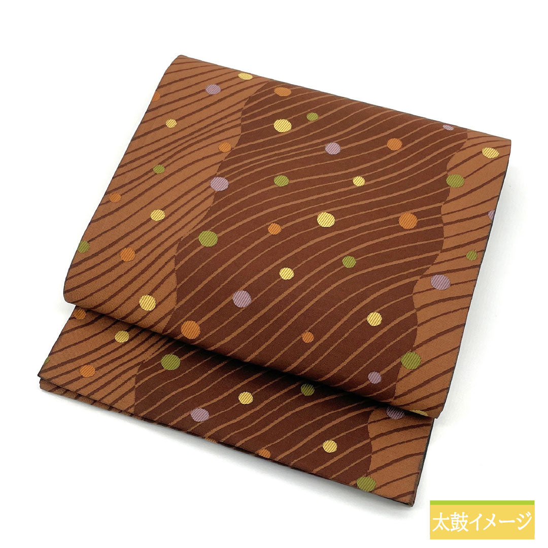 袋帯 ポリエステル Aランク 水玉模様 リバーシブル 縞 帯丈456cm 全通 カジュアル 茶系 1123016153414