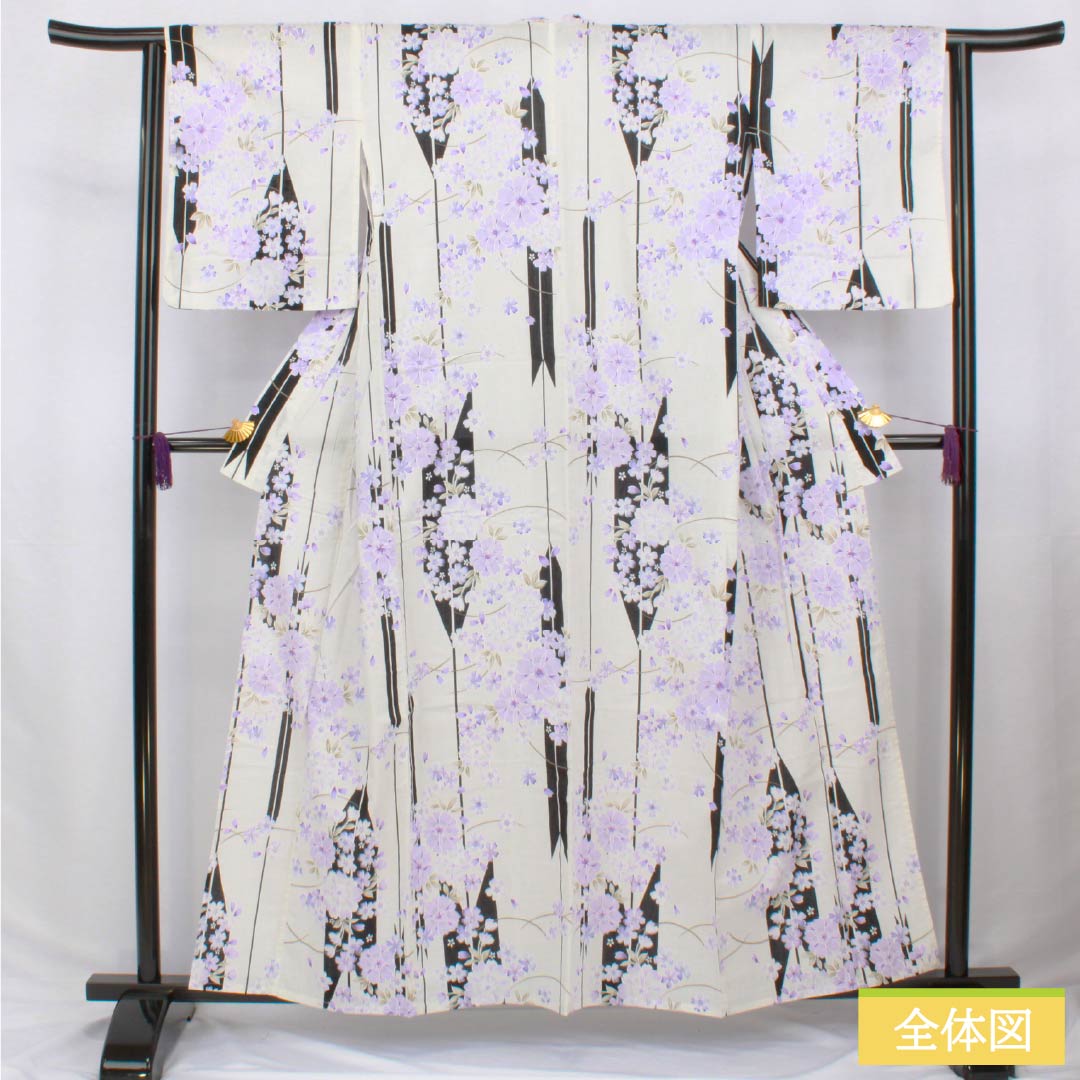 浴衣 木綿 身丈157.5cm 裄丈62cm Sランク 単衣 白系 矢羽根 総花 1118006332311