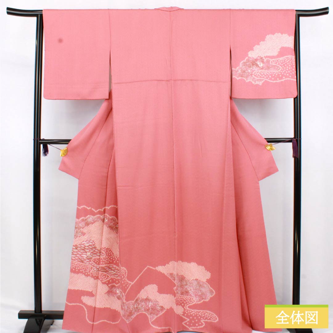 訪問着 正絹 Bランク 袷 身丈164.5cm 裄丈64cm 長春色（ちょうしゅんいろ） 絞り 刺繍 紗綾形 雲取り ピンク系 1112006214413