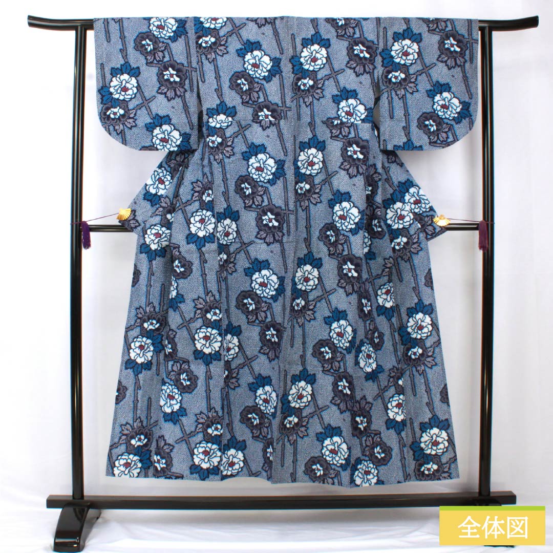 浴衣 木綿 身丈149.5cm 裄丈62cm Sランク 単衣 紺系 濃紺色（のうこんいろ） リップル 牡丹 1118005302118