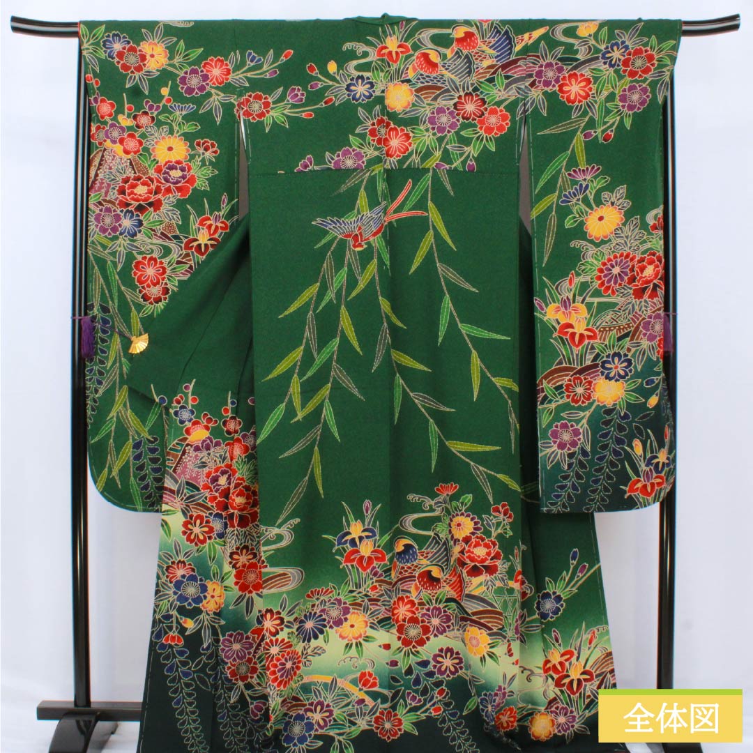 振袖 正絹 Sランク 身丈168.5cm 裄丈68cm 袷 天鵞絨色（びろうどいろ） 京紅型 吉祥文様 桜 おしどり 藤 緑系 1113002292519