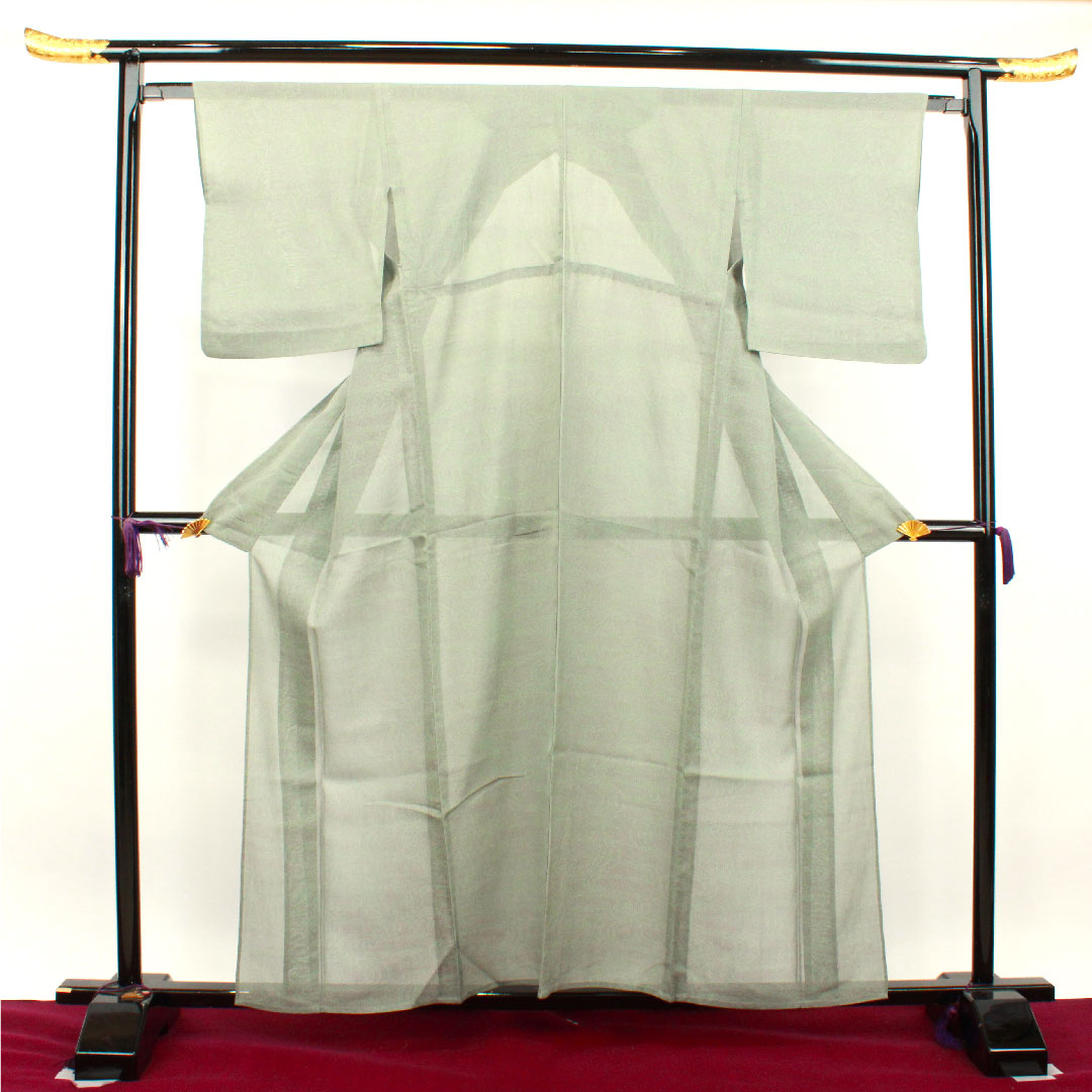 夏物 正絹 紬 身丈159cm 裄丈62cm 白緑色（びゃくろくいろ） 幾何学模様 紗 Sランク 緑系 1132001772319