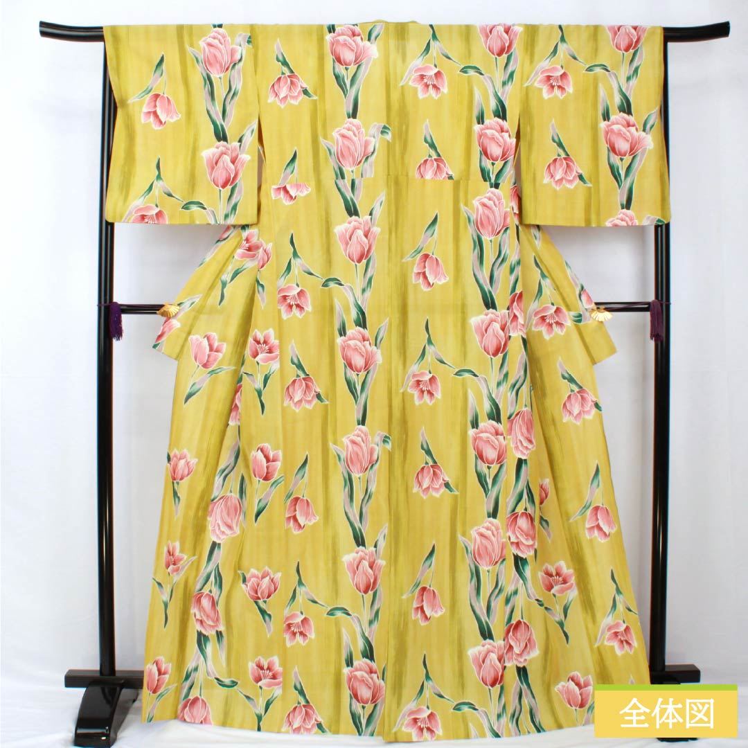 浴衣 ポリエステル 身丈167cm 裄丈66.5cm Sランク 単衣 黄系 窃黄色（せっこういろ） チューリップ 1118005552523