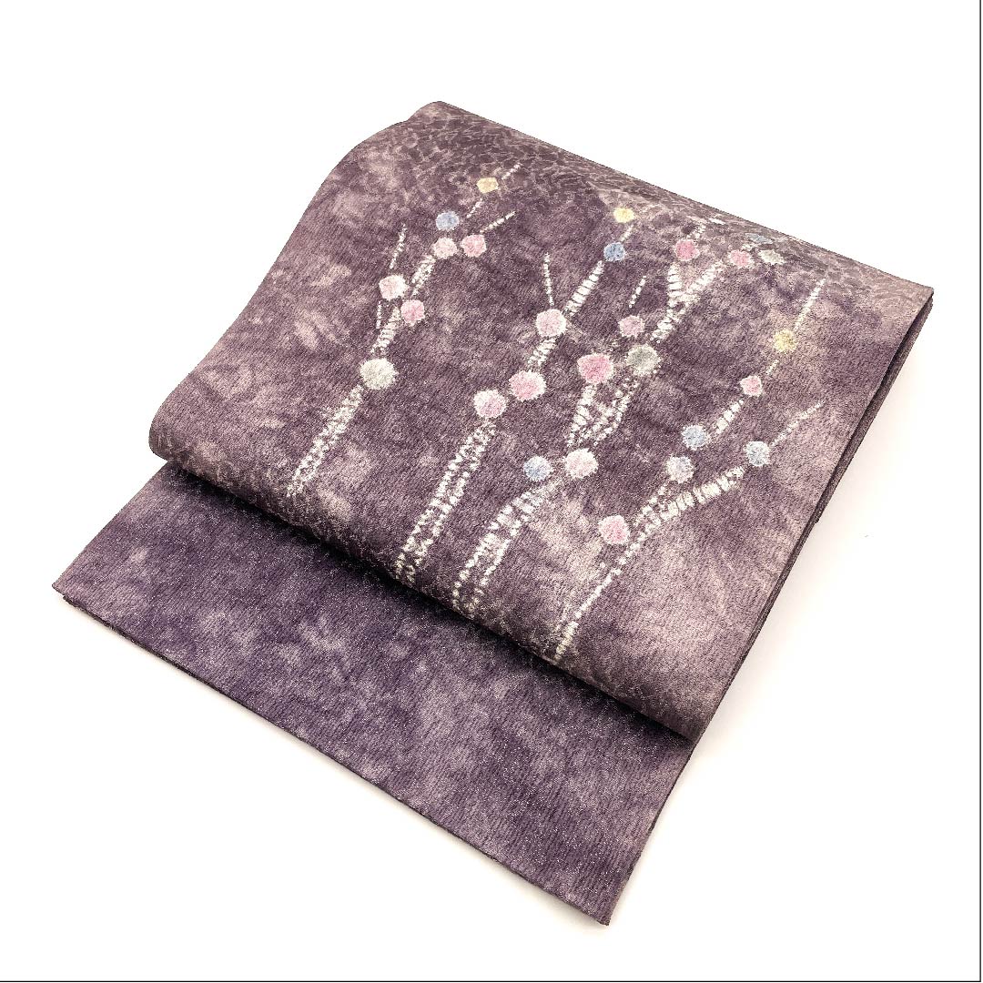 袋帯 鳩羽色（はとばいろ） 絞り 抽象模様 帯丈452cm 正絹 Sランク ポイント柄 カジュアル 紫系 1123003042420