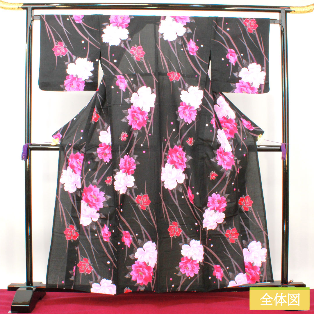 浴衣 木綿 身丈159.5cm 裄丈67cm Sランク 単衣 黒系 牡丹 1118005212310