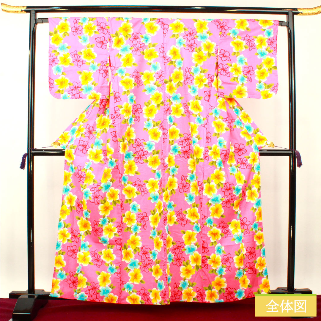 浴衣 木綿 身丈162cm 裄丈66.5cm Sランク 単衣 ピンク系 萩色（はぎいろ） ハイビスカス 1118005072413