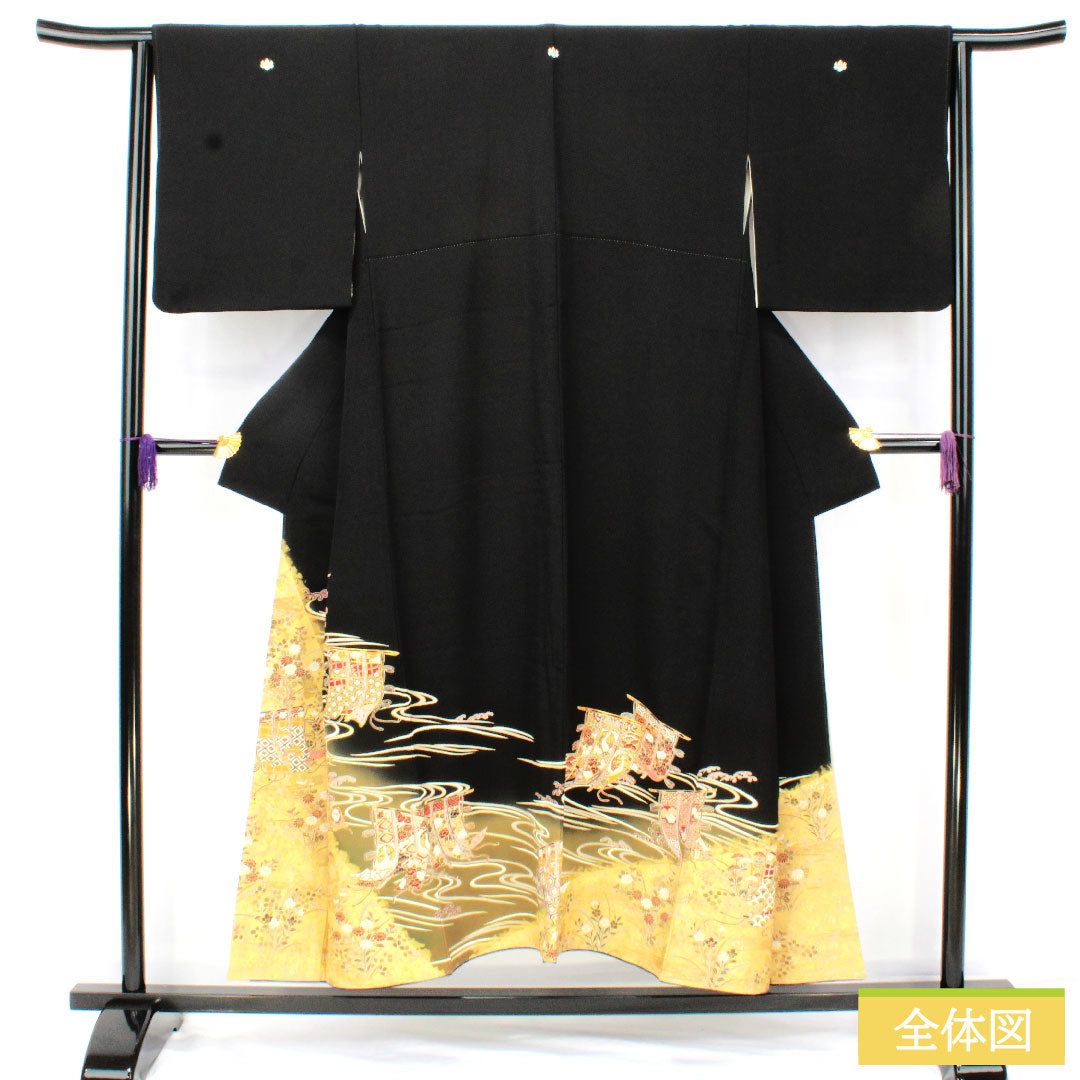 Black formal kimono, pure silk, length 150cm, sleeve length 64cm, lined, Kyoto yuzen, folding screen, flowing water, five crests, five-three paulownia, S rank, black, 1111001742110