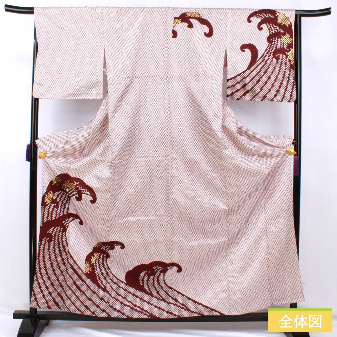 訪問着 ポリエステル Aランク 単衣 身丈162cm 裄丈66.5cm 木蘭色（もくらんじき） 波 七宝 半衿付き 洗える着物 赤系 1112006963412