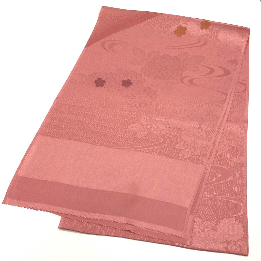 （新古品） 帯揚げ 正絹 フォーマル 浅紅色（あさべにいろ） 桜 菊 流水 長さ約174cm 幅約30cm Sランク ピンク系 1136000232913