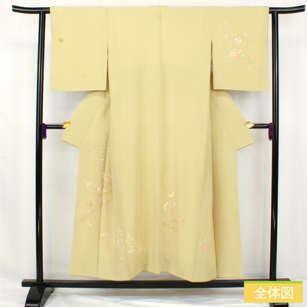 訪問着 正絹 袷 身丈151cm 裄丈61cm 硫黄色）いおういろ） 京友禅 草花模様 一つ紋 三ツ割藤 Aランク 緑系 1112005593219