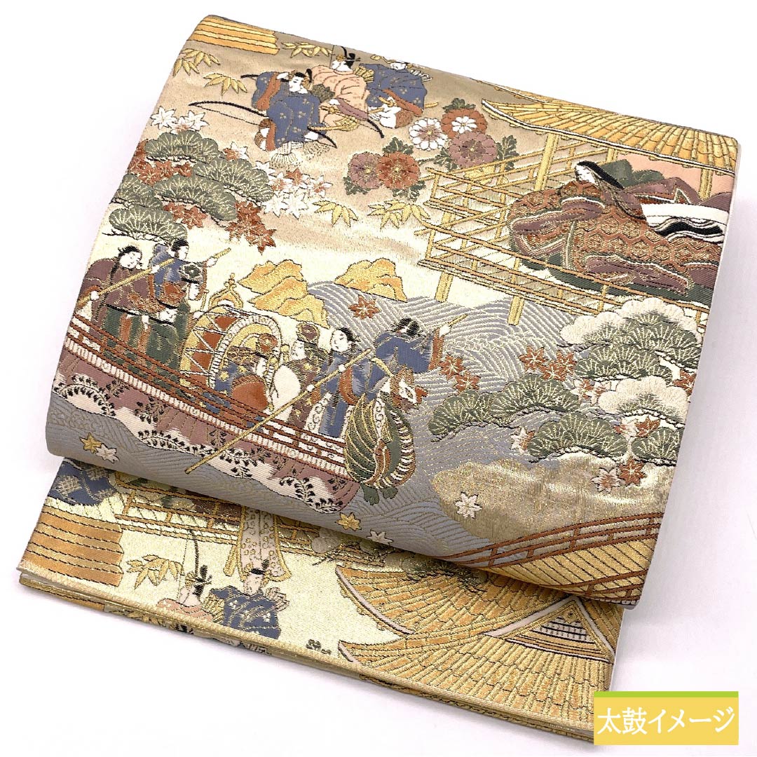 袋帯 正絹 時代人物風景模様 留袖用 本金箔 駒競行幸絵巻 帯丈434cm Aランク 六通 フォーマル 金系 1123014253321