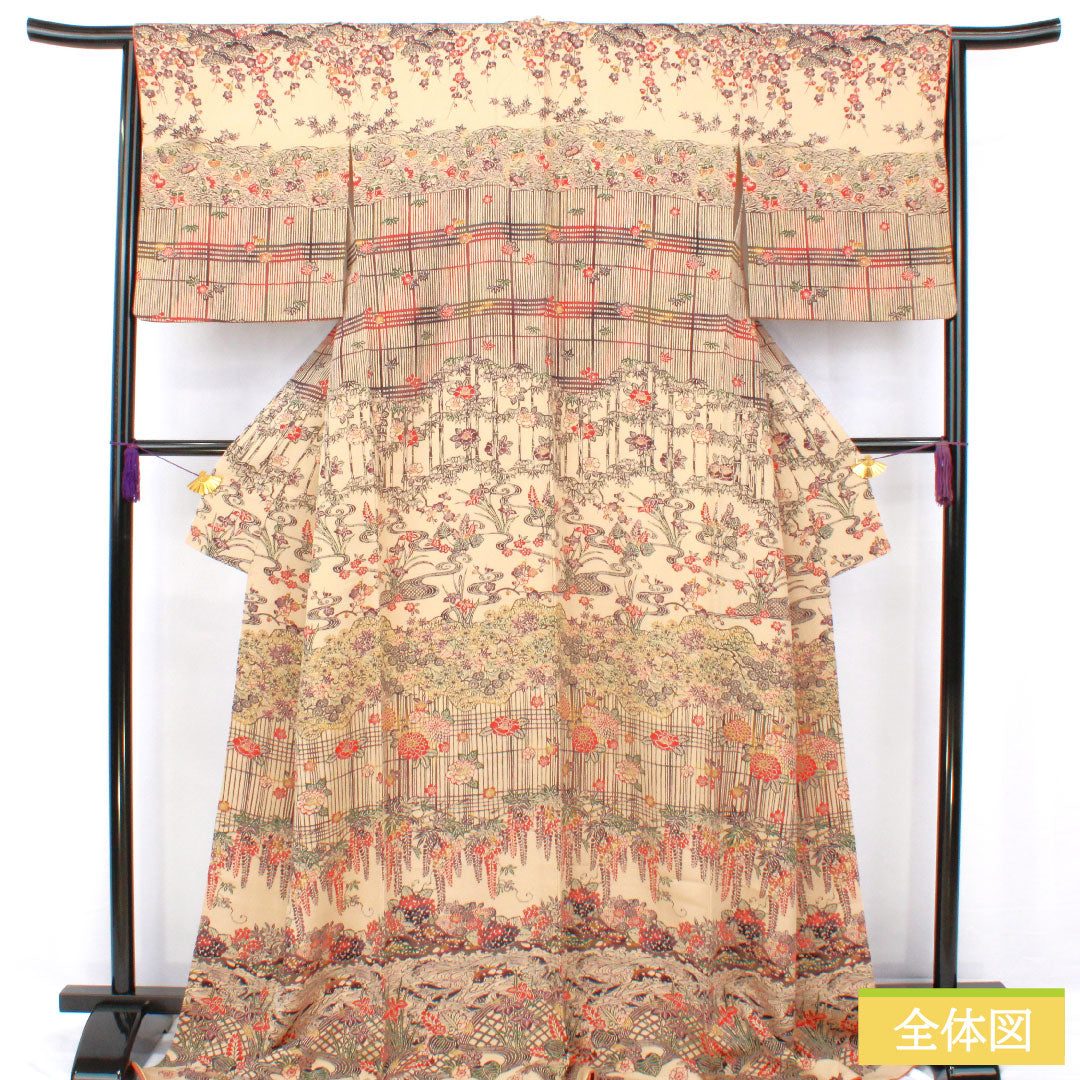 訪問着 正絹 袷 身丈172cm 裄丈64.5cm 松染色（まつぞめいろ） 京紅型 吉祥文様 シルファイン加工 ちりめん地 Sランク ベージュ系 1112005982625