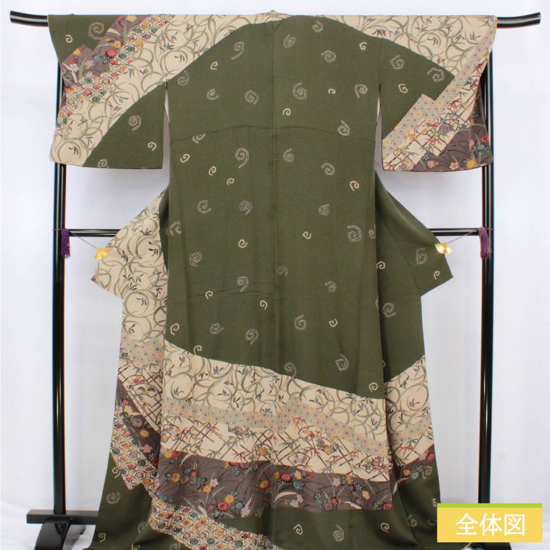 訪問着 正絹 Sランク 袷 身丈168cm 裄丈69.5cm 藍海松茶色（あいみるちゃいろ） 京紅型 紅型調 草花 渦巻き 緑系 1112006652519