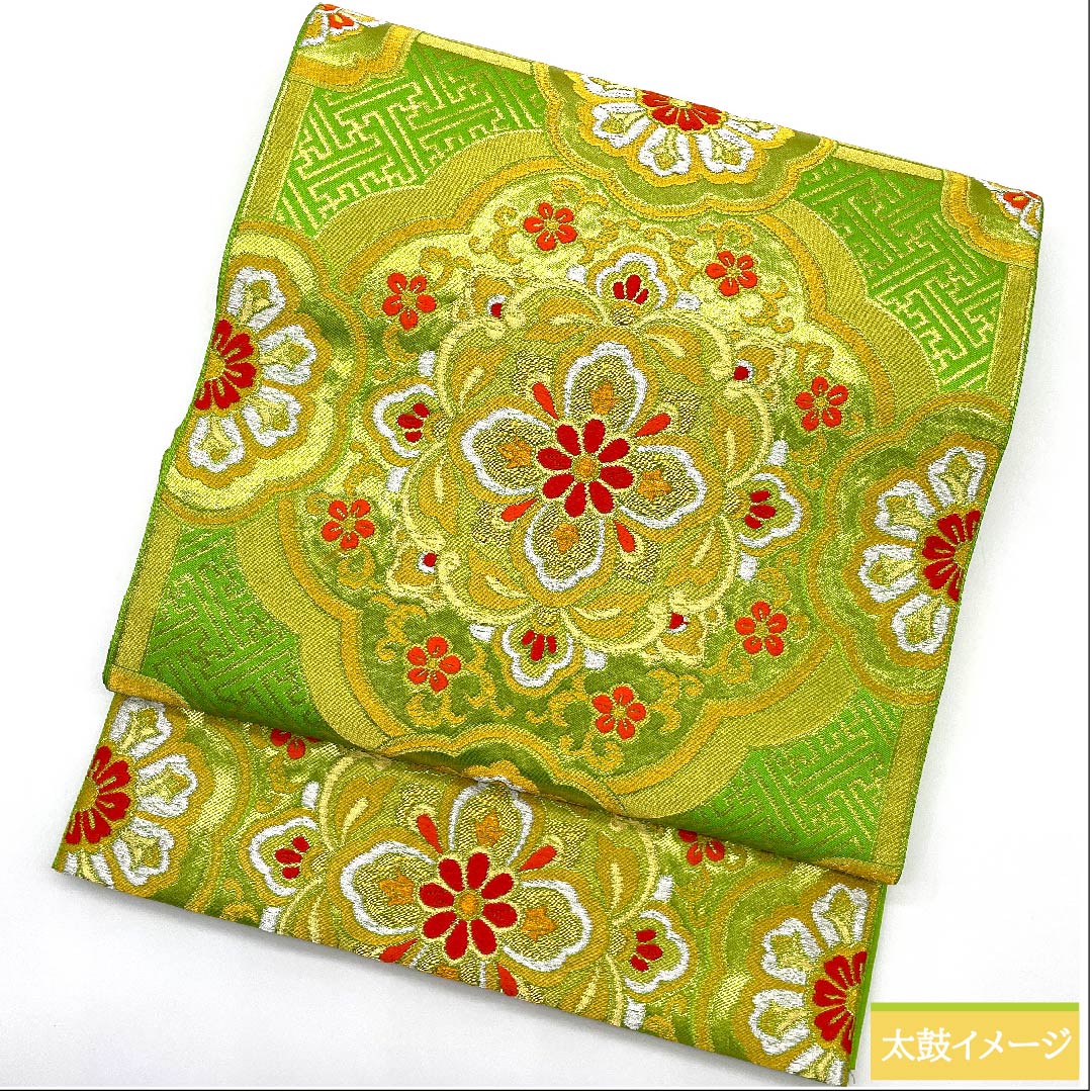 袋帯 若草色（わかくさいろ） 宝相華 紗綾形 本家加納 帯丈432cm 正絹 Sランク 六通 フォーマル 緑系 1123009812319