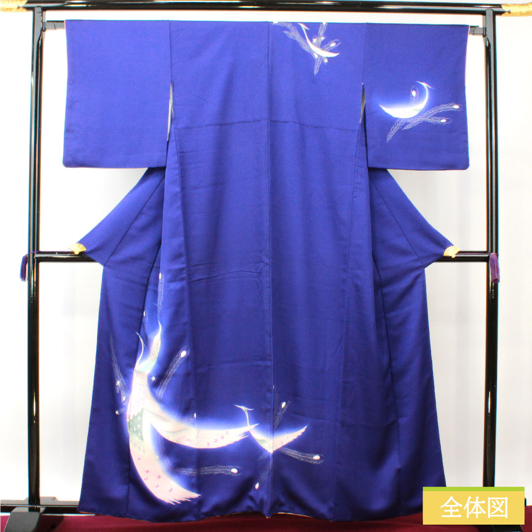 Homongi, pure silk, lined, length 161cm, sleeve length 65.5cm, bellflower color, Kyoto Yuzen, peacock, A rank, navy blue, 1112004353418