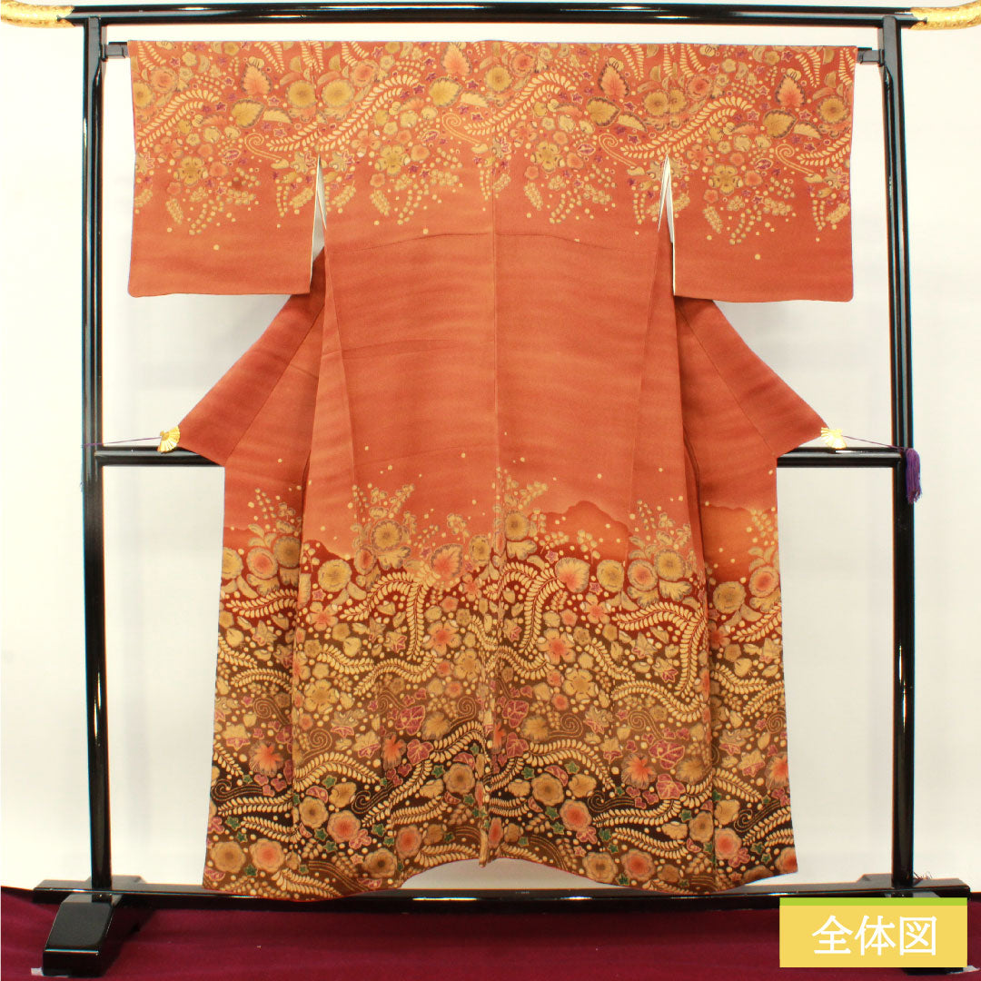 訪問着 正絹 袷 身丈153.5cm 裄丈67.5cm 赤錆色（あかさびいろ） 辻ヶ花 Aランク 茶系 1112004873214