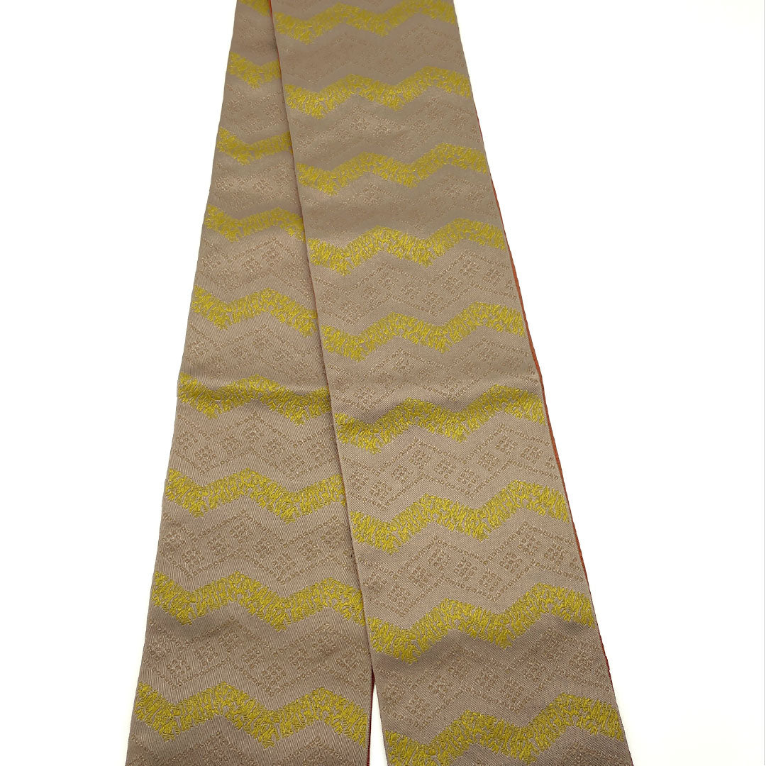 （新品）半幅帯 ポリエステル NEWランク 橡鼠色（つるばみねずいろ） 海老茶色（えびちゃいろ） ジグザグ模様 抽象花模様 リバーシブル 帯丈400cm 茶系 1125002571414