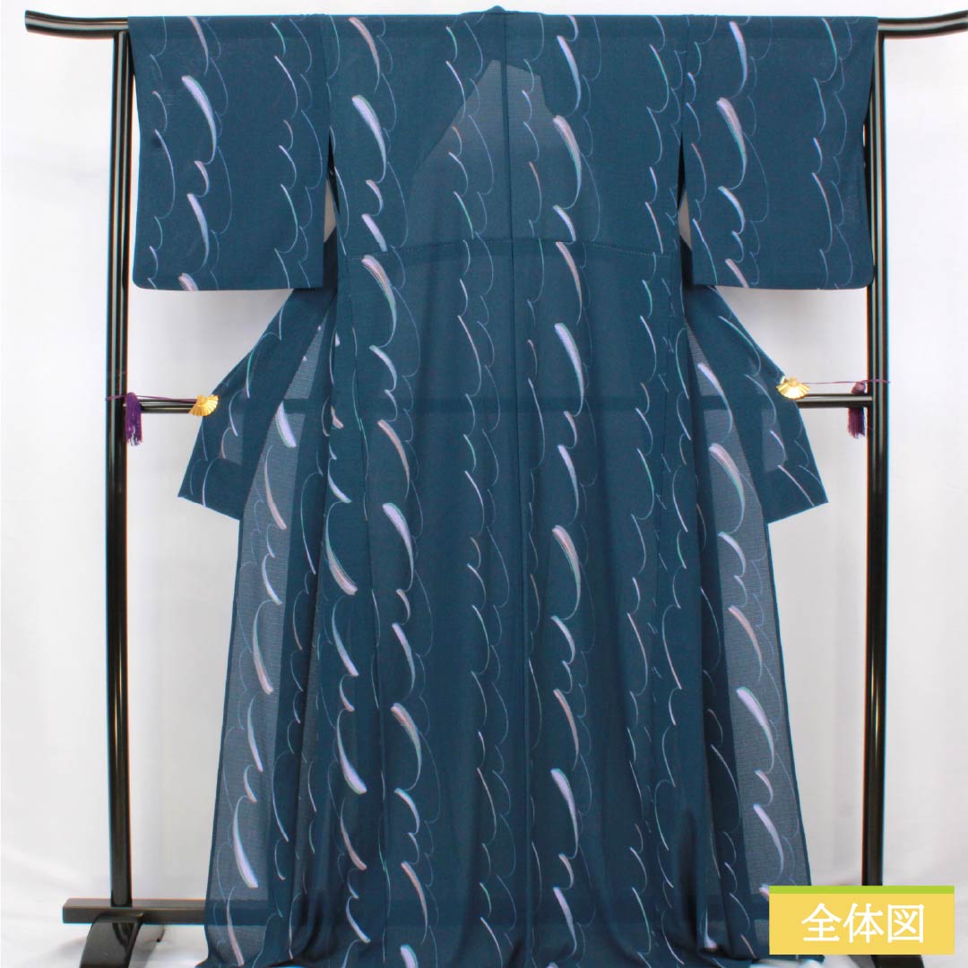 夏物 ポリエステル 小紋 身丈168cm 裄丈66cm 紺鉄色（こんてついろ） 抽象模様 洗える着物 絽 Aランク 紺系 1132002643518