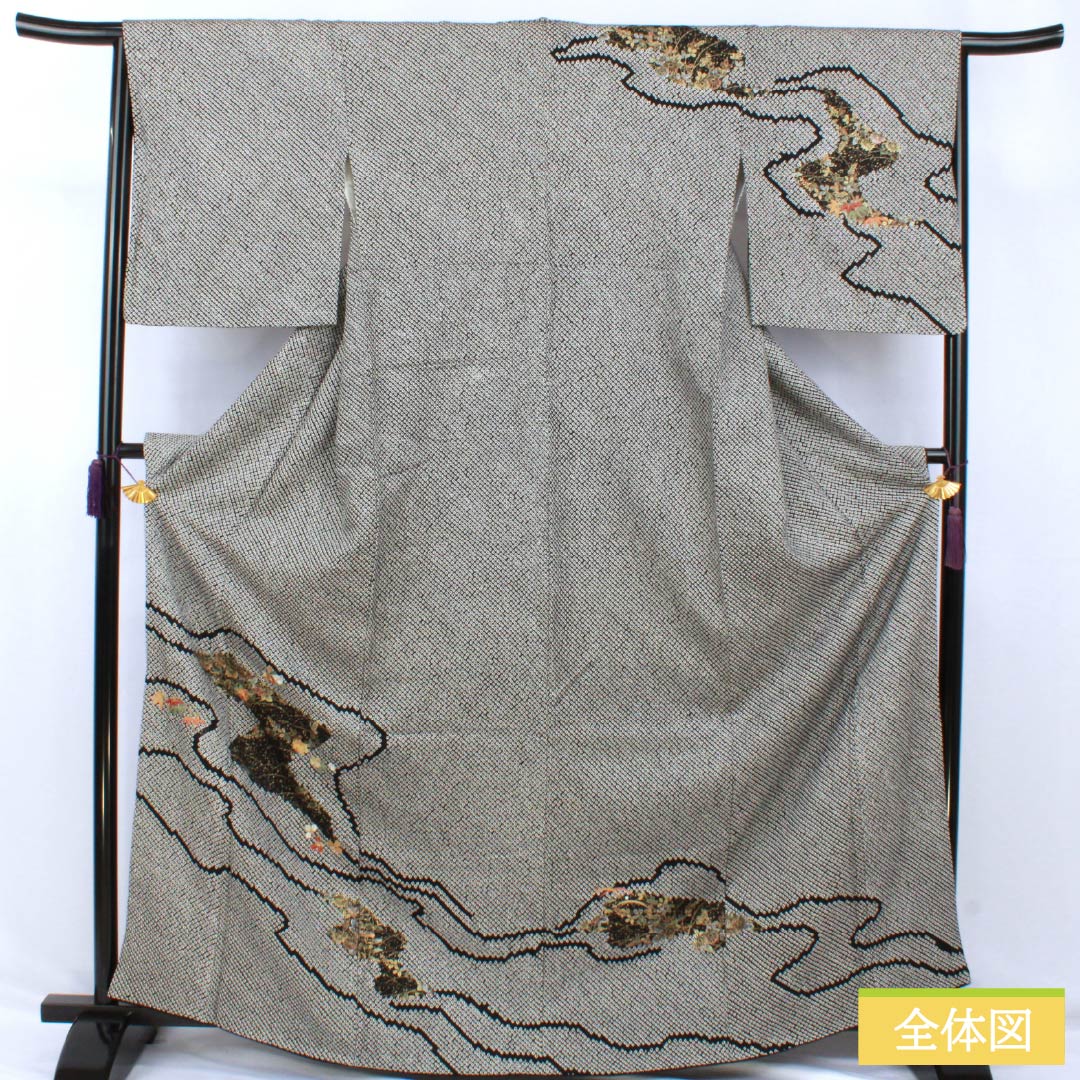 訪問着 正絹 Bランク 袷 身丈166cm 裄丈66cm 総絞り 草花 部分刺繍 黒系 1112007004510