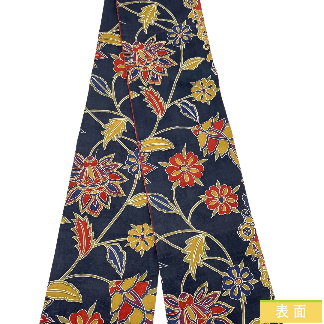 半幅帯 正絹 Sランク 黒色（くろいろ） 唐花模様 広幅 帯丈357cm 黒系 1125003052310