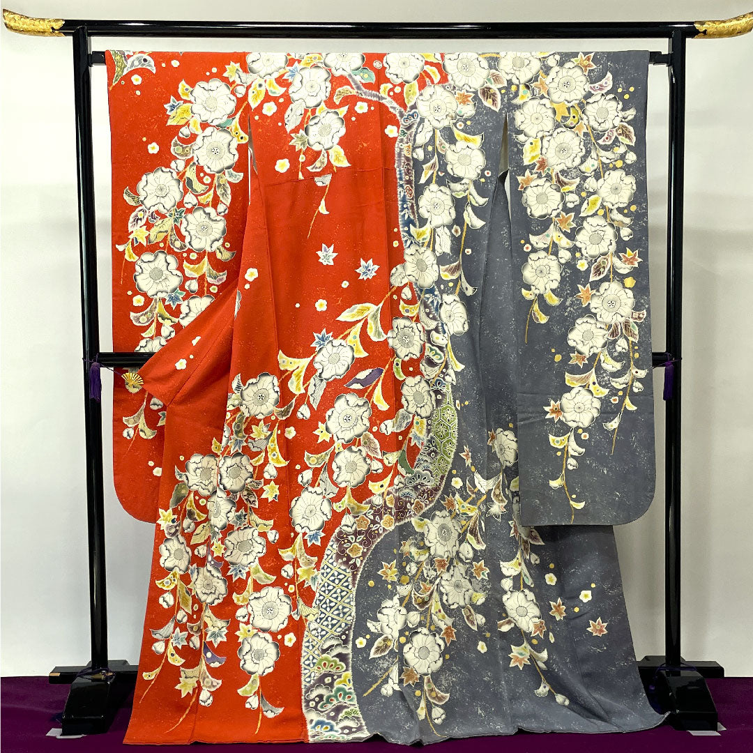 Long-sleeved kimono, length 175.5cm, sleeve length 68cm, lined, Kyoto Yuzen, Tsujigahana, dyed separately, circle with quince, pure silk, A rank, gradation style, 1113001583899