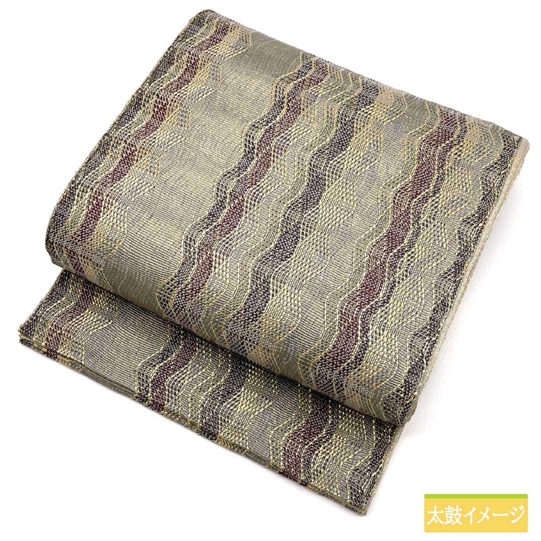 袋帯 正絹 空色鼠色（そらいろねずいろ） 組織り 波模様 帯丈440cm Aランク ポイント柄 セミフォーマル 水色系 1123014873324