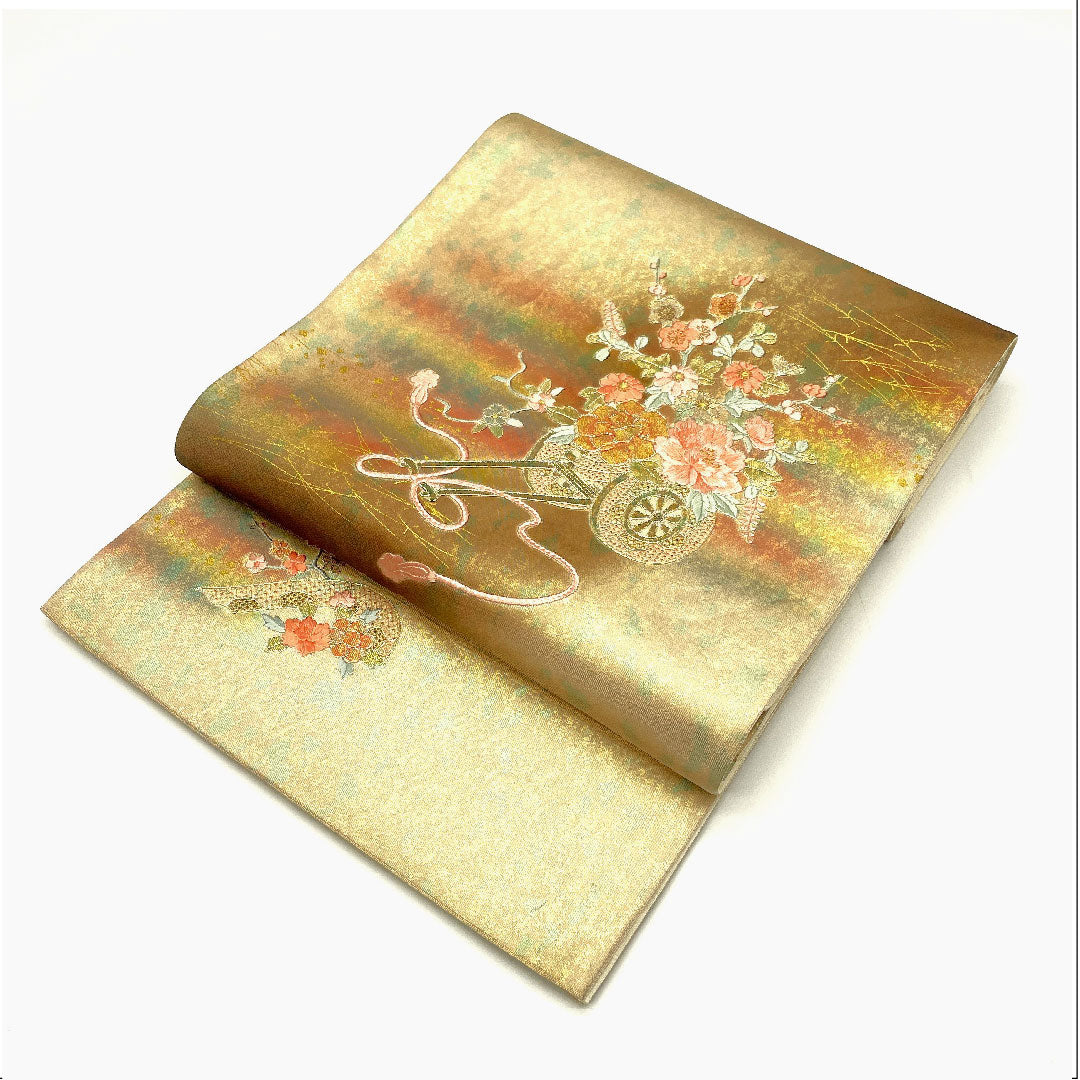 袋帯 刺繍 花車 引箔 帯丈428cm 正絹 Aランク ポイント柄 フォーマル 金系 1123004373321