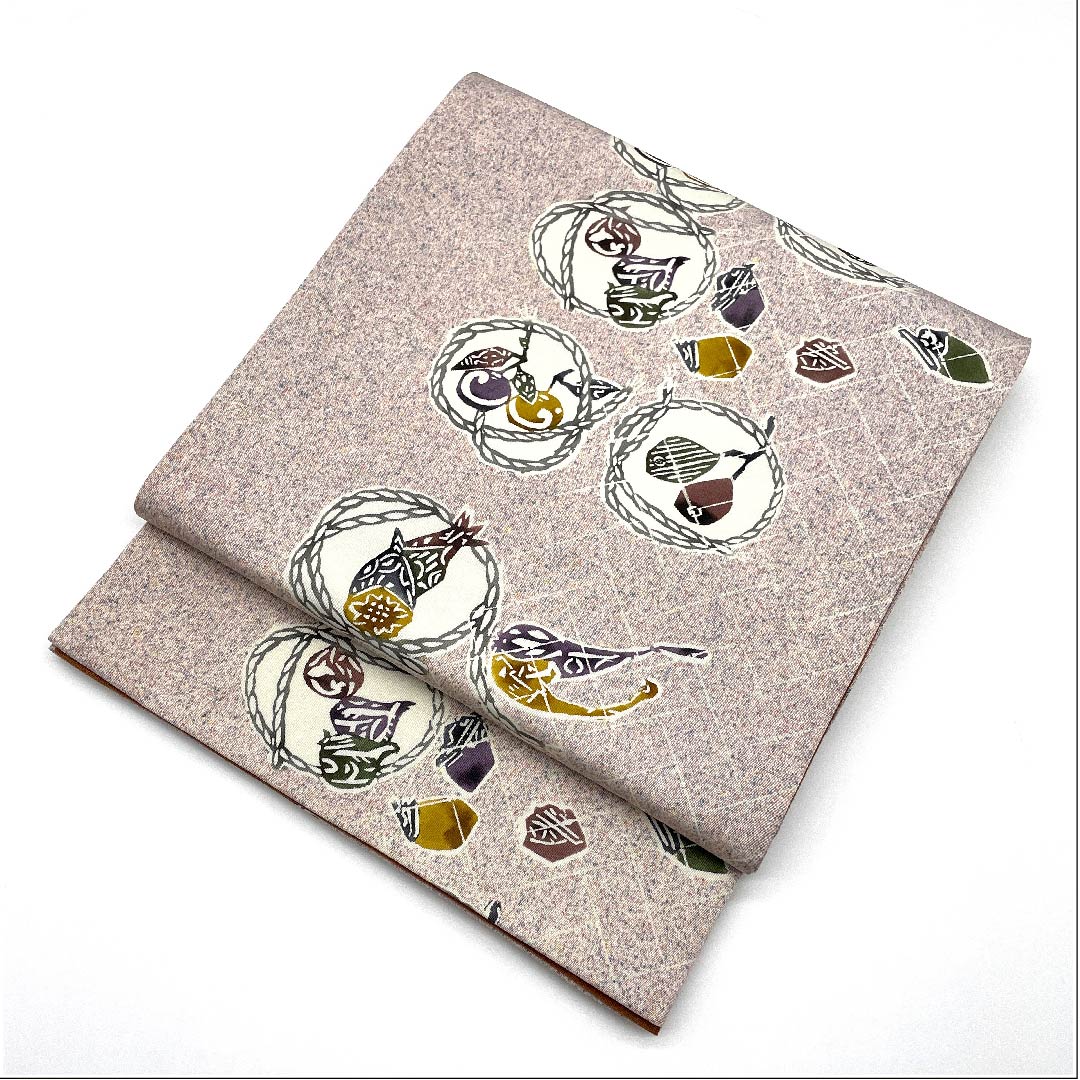 袋帯 桜色（さくらいろ） 野菜模様 染帯 紬地 帯丈456cm 正絹 Sランク 全通 カジュアル ピンク系 1123005742413