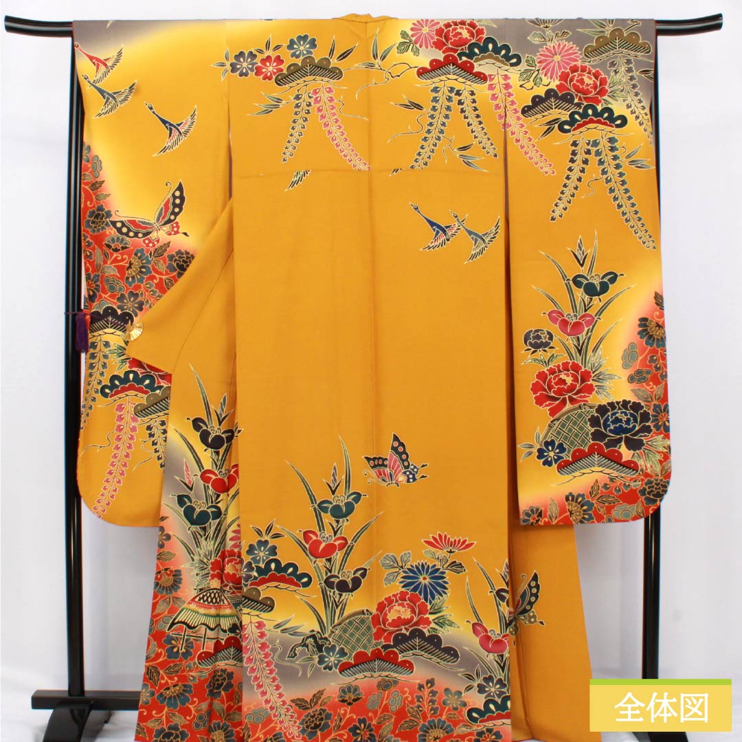 振袖 正絹 Sランク 身丈164cm 裄丈67cm 袷 小麦色（こむぎいろ） 京紅型 吉祥文様 蝶 松 パールトーン加工 橙系 1113002332426
