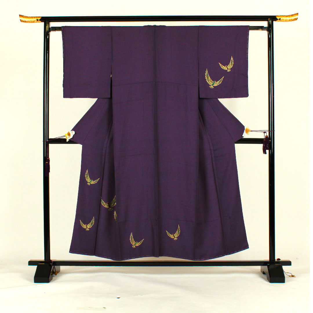 訪問着 袷 身丈154cm 裄丈62cm 斉藤三才 寿光織 鳥柄 正絹 Aランク 紫系 1112000883220