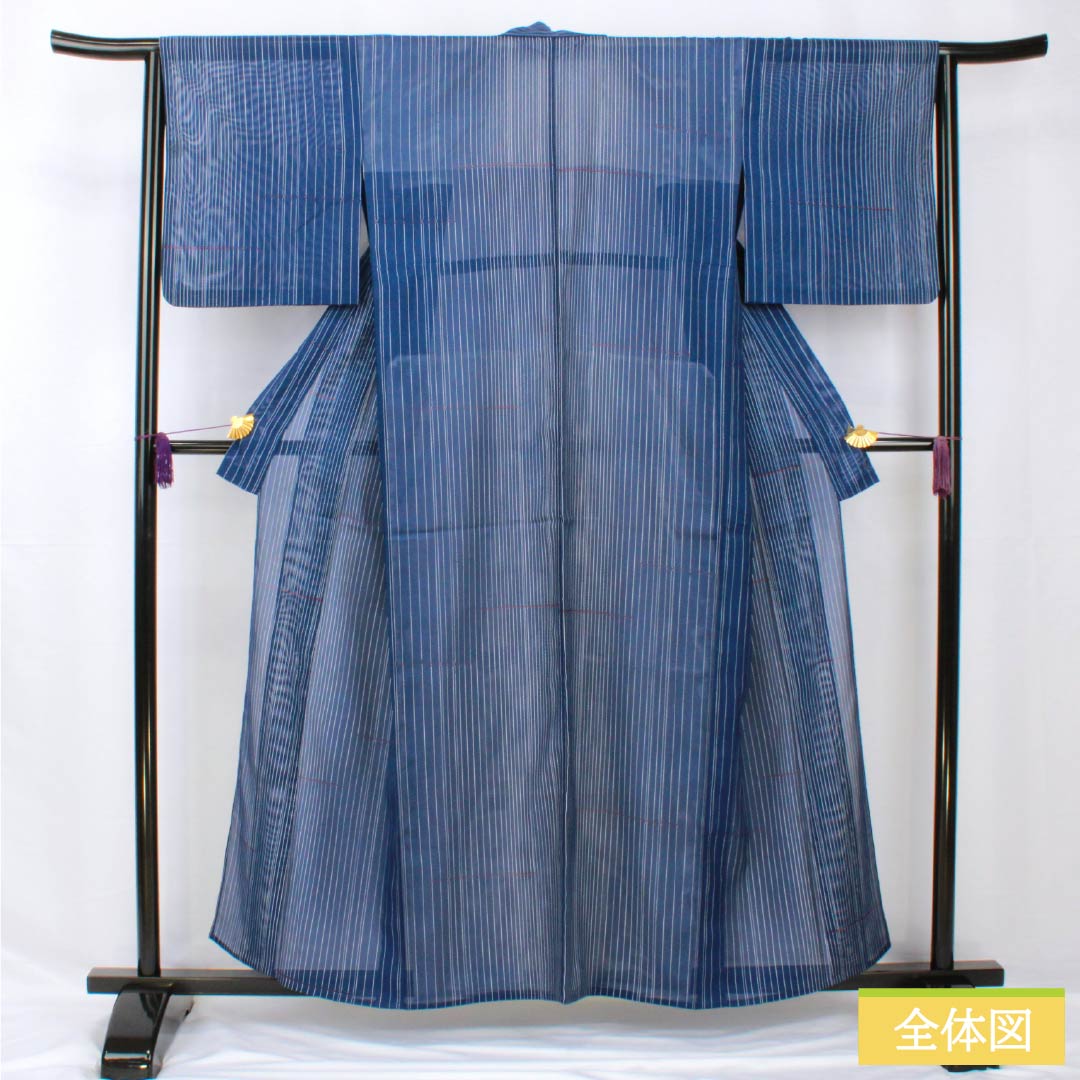 夏物 ポリエステル 小紋 身丈158cm 裄丈63.5cm 紺瑠璃色（こんるりいろ） 縞 線調子 洗える着物 絽 Aランク 青系 1132001963317