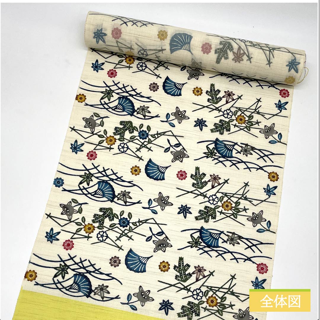 （未仕立）名古屋帯 正絹 白色 琉球紅型 橘 松 紅葉 帯丈520cm NEWランク 六通 カジュアル 白系 1124006351411