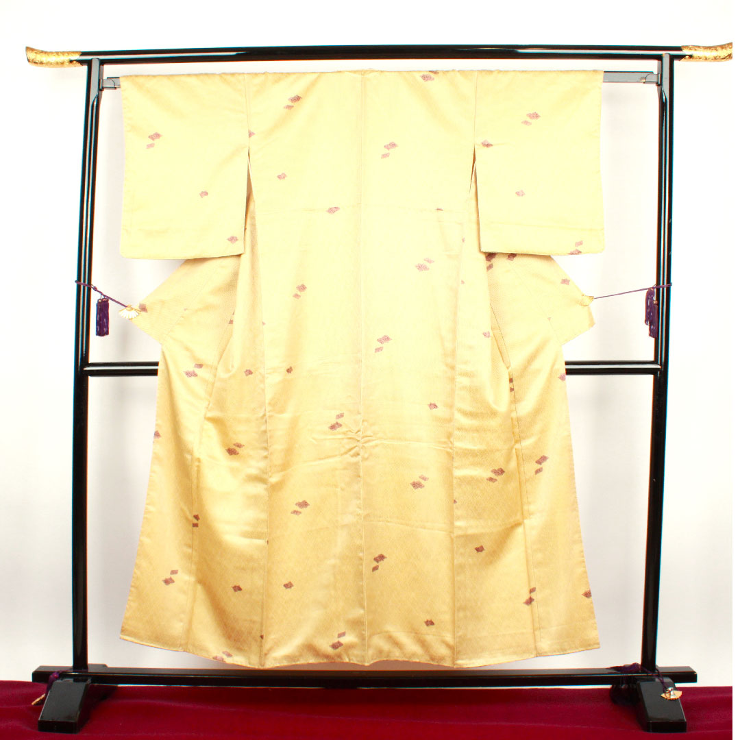 小紋 身丈153cm 裄丈60cm 袷  蜂蜜色 洗える着物 飛び柄  ポリ Aランク 黄系 1115002163223