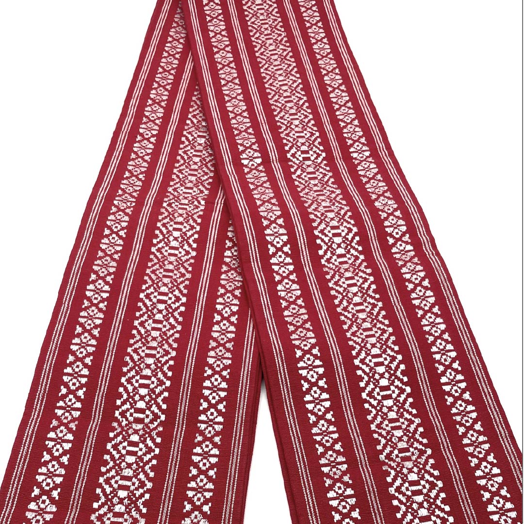 （未仕立）半幅帯 木綿 茜色（あかねいろ） 献上柄 博多織 帯丈316cm 朱系 Aランク 1125001673316