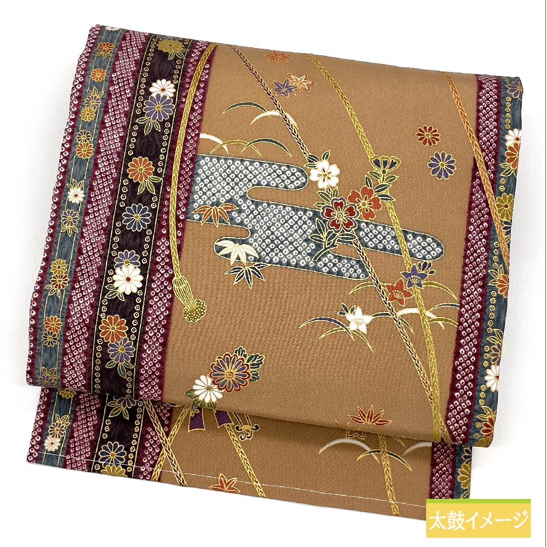 名古屋帯 浅杉染色（あさすぎそめいろ） 御所車 菊 桜 帯丈355cm 正絹 Sランク 全通 セミフォーマル ベージュ系 1124006532325 名古屋仕立て