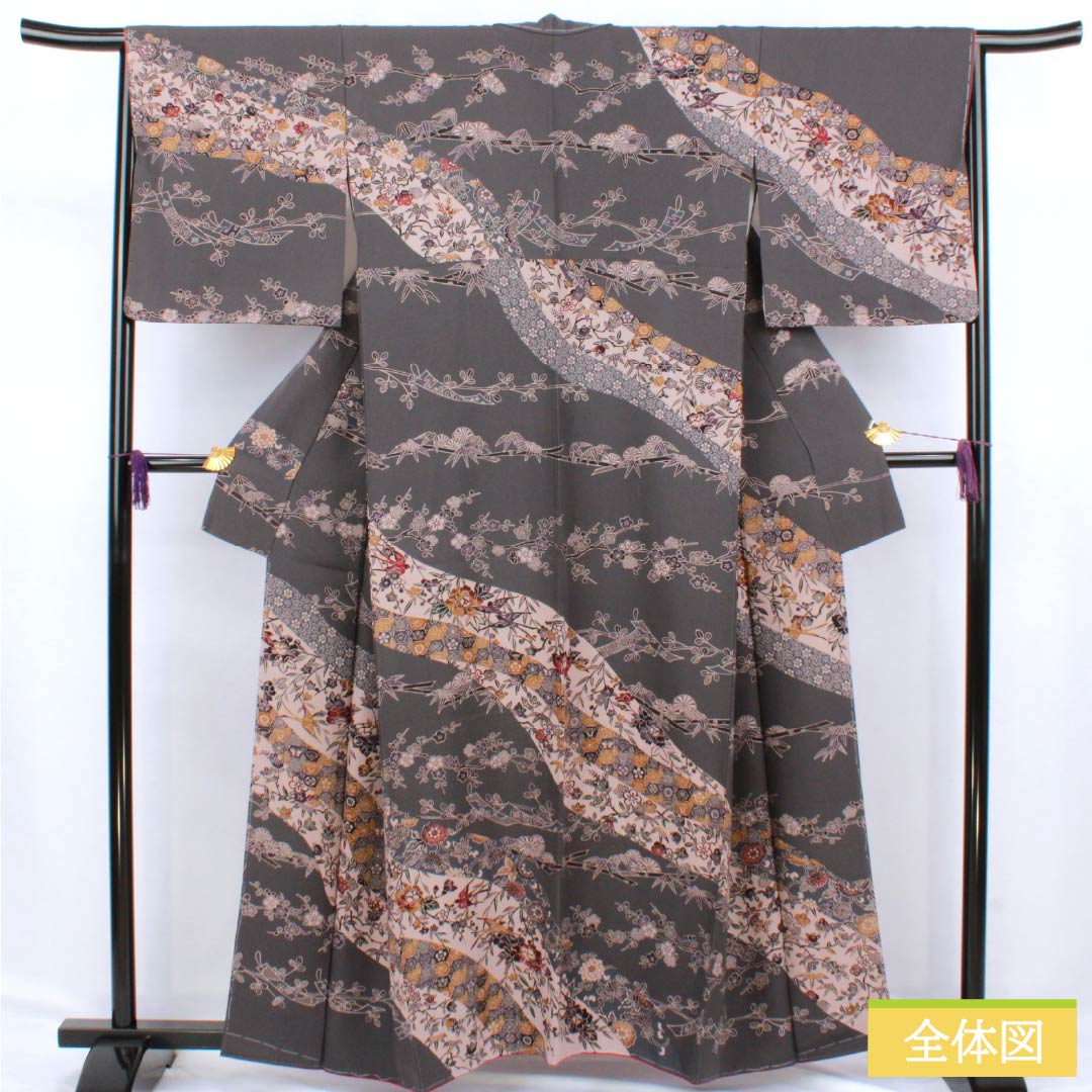 訪問着 正絹 Sランク 袷 身丈160.5cm 裄丈67cm 石板色（せきばんいろ） 京紅型 松竹梅 鳥 しつけ糸付き グレー系 1112006082422