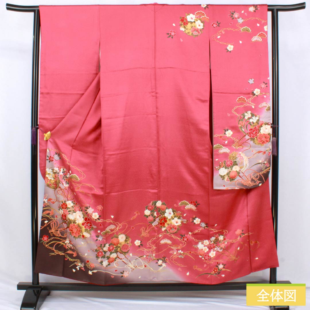 振袖 正絹 Aランク 身丈153.5cm 裄丈64cm 袷 紅鶸色（べにひわいろ） 京友禅 花丸文 牡丹 ソフトガード加工 ピンク系 1113002843213