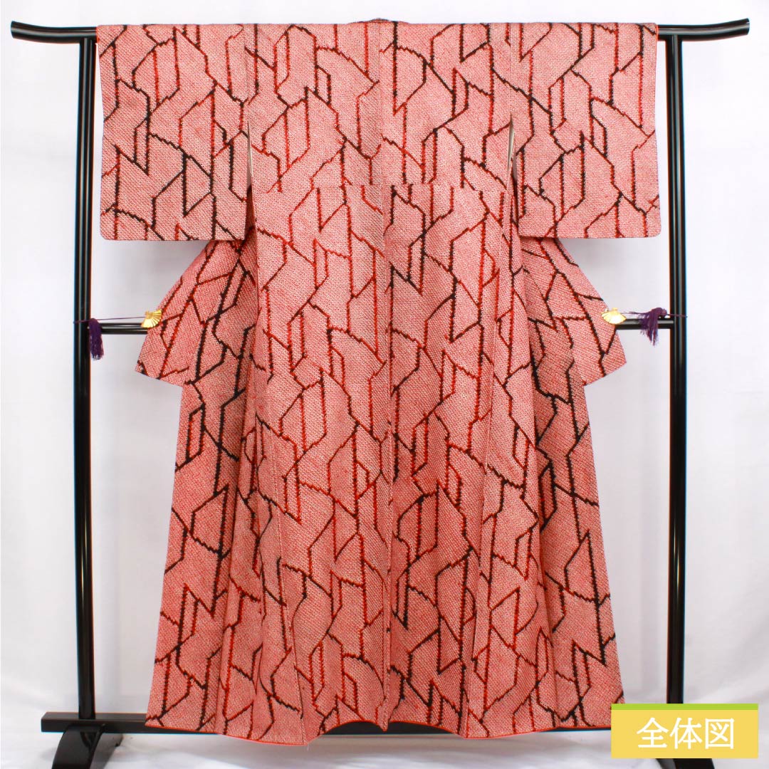 小紋 正絹 Aランク 身丈156cm 裄丈63cm 袷 赤色（あかいろ） 絞り 幾何学模様 赤系 1115006483312