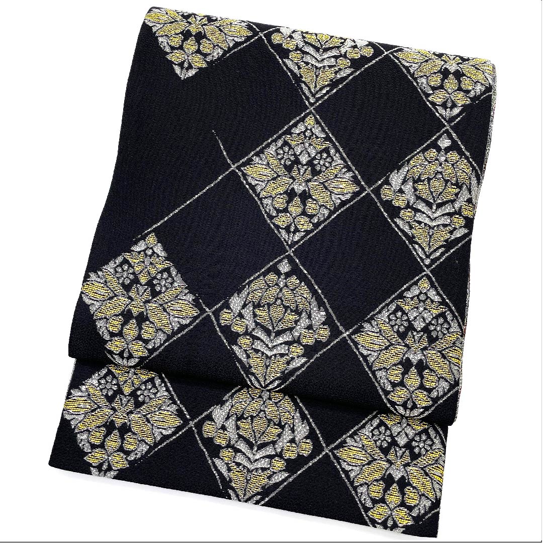 袋帯 黒色 菱 抽象花模様 帯丈447cm 正絹 Sランク 六通 カジュアル 黒系 1123009502310