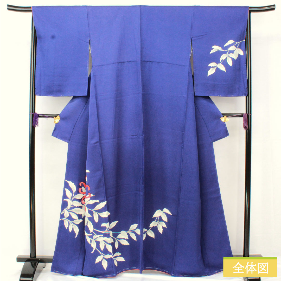 訪問着 正絹 袷 身丈163.5cm 裄丈65.5cm 瑠璃色（るりいろ） 京友禅 菊 しつけ糸付き Aランク 紺系 1112005283418